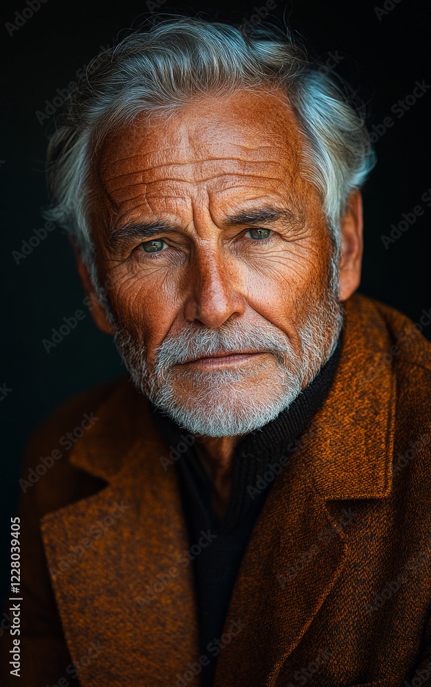 A man with a beard and gray hair is wearing a brown jacket and a black sweater. He is looking at the camera with a serious expression A man with a beard and gray hair is wearing a brown jacket and a black sweater. He is looking at the camera with a serious expression
