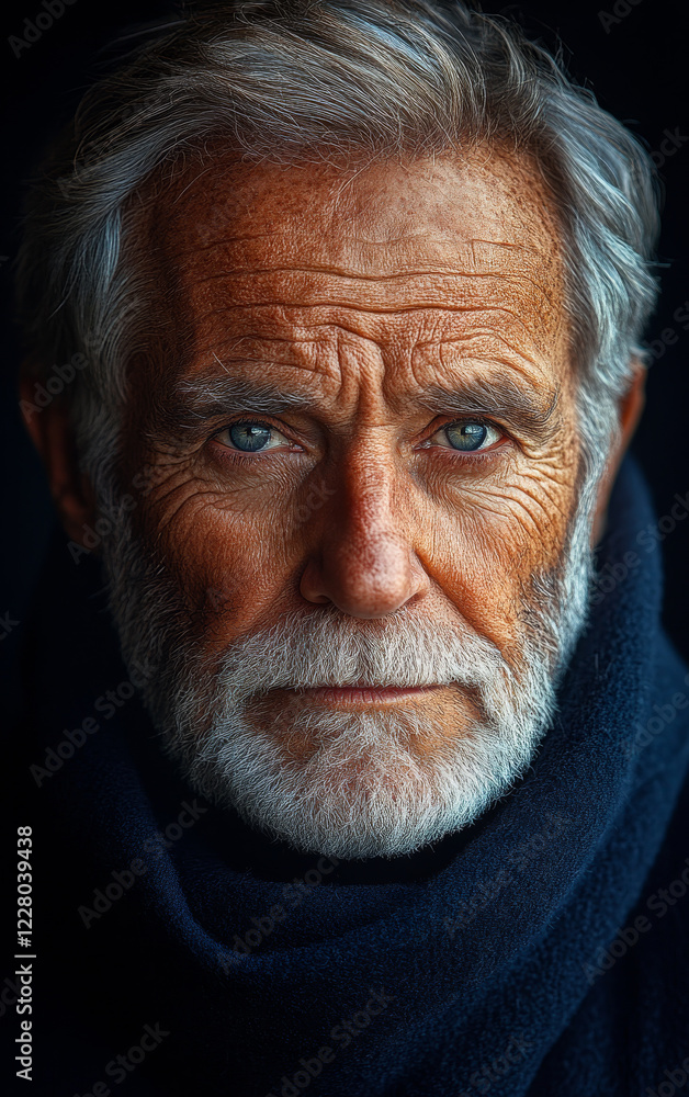 A man with a beard and gray hair is wearing a blue scarf. He has a serious expression on his face A man with a beard and gray hair is wearing a blue scarf. He has a serious expression on his face