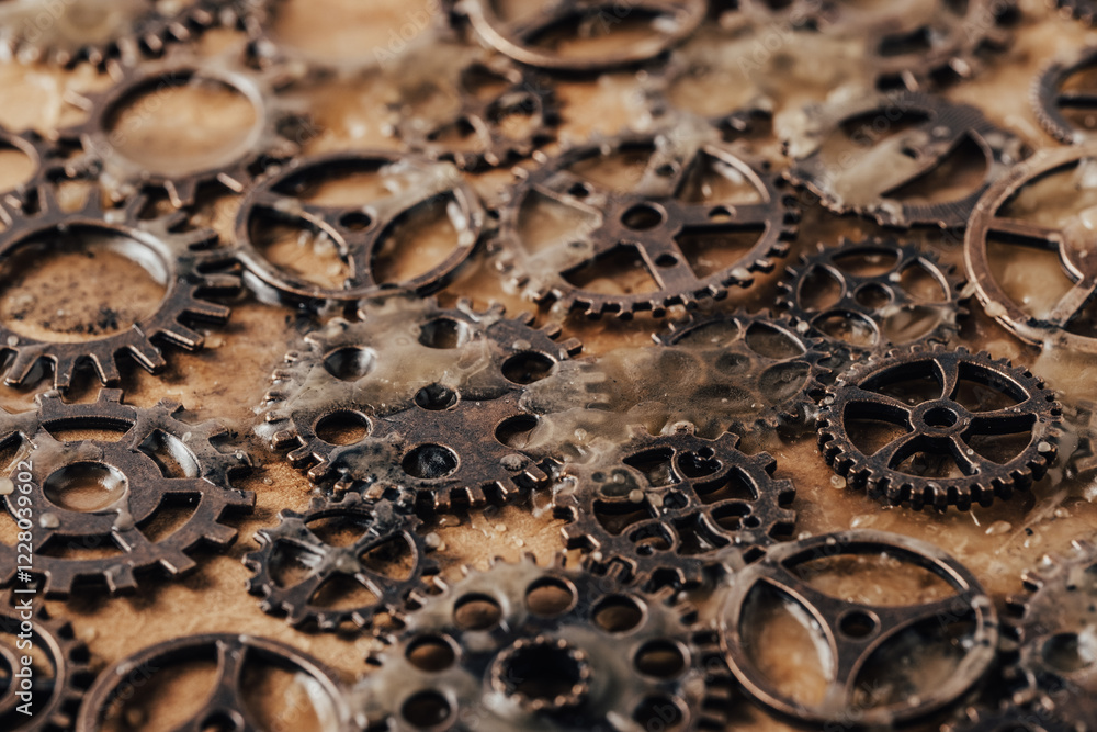 Rusty gears and an abstract industrial background form a futuristic grunge image. Rusty gears and an abstract industrial background form a futuristic grunge image.