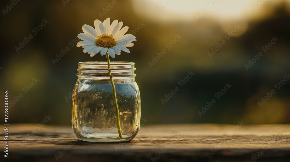 A single daisy flower in a glass jar. A single daisy flower in a glass jar.