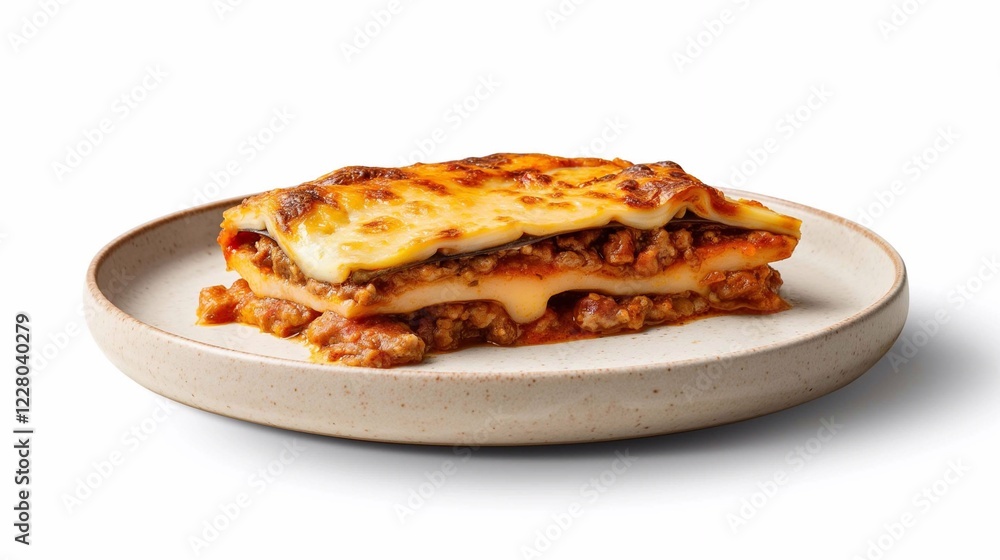 A slice of layered moussaka with eggplant, ground meat, and bechamel sauce on a ceramic plate isolated on a white backfround A slice of layered moussaka with eggplant, ground meat, and bechamel sauce on a ceramic plate isolated on a white backfround