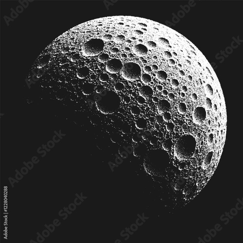 Dramatic stylized moon or dwarf planet with high contrast rugged cratered surface in stippling style. Grunge black and white retro styled dotwork. Pointillism. Noisy dot shading. Vector illustration