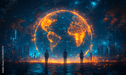 Wallpaper Mural A group of people stand in front of a glowing globe, with the globe surrounded by a cityscape. The scene is a representation of the interconnectedness of the world Torontodigital.ca