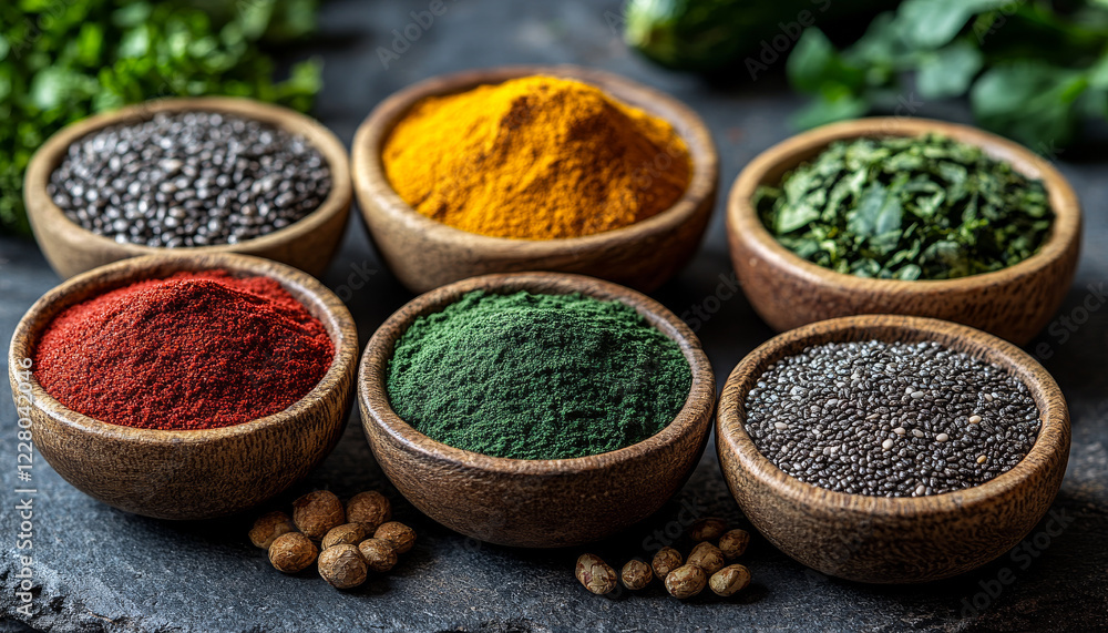 A variety of spices are displayed in wooden bowls on a counter. The bowls are arranged in a row, with some of them containing green herbs and others containing red and yellow spices A variety of spices are displayed in wooden bowls on a counter. The bowls are arranged in a row, with some of them containing green herbs and others containing red and yellow spices