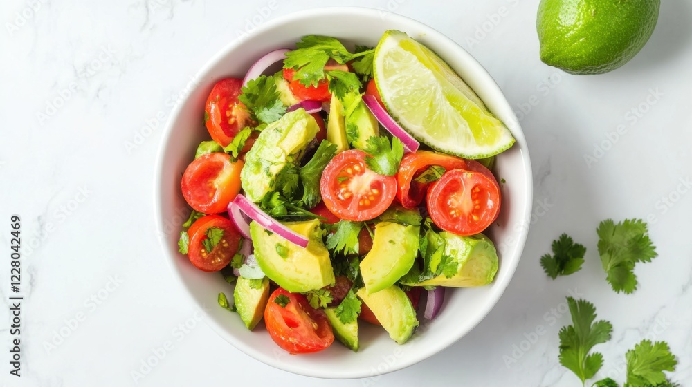 A fresh avocado salad with cherry tomatoes, red onions, and a light lemon vinaigrette