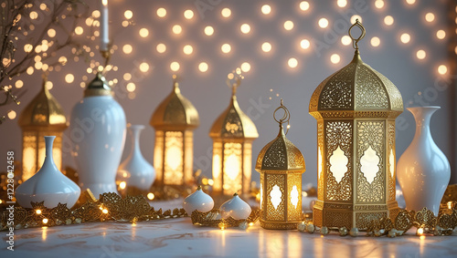 Ornate Golden Lantern with Red Glass, Glowing Candlelight and Crescent Moon in Desert Sunset - Ramadan photo