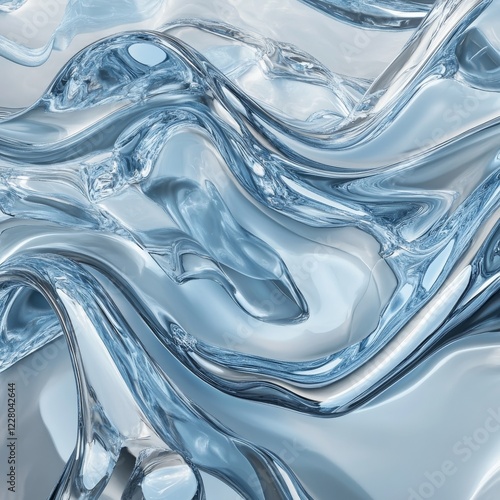 Ethereal waves of icy blue and silver floating over a translucent glass-like surface, futuristic and minimalist