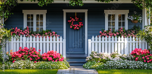 A house with a white picket fence and a wreath on the door. The house is surrounded by a garden with pink flowers