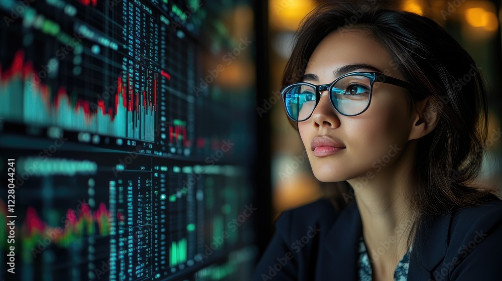 Focused Businesswoman Analyzing Stock Market Data on Digital Screen for Financial Strategy Focused Businesswoman Analyzing Stock Market Data on Digital Screen for Financial Strategy