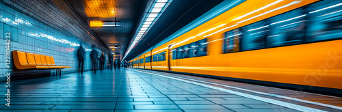 A yellow train is on a subway platform with people waiting to board. The train is moving and the platform is empty