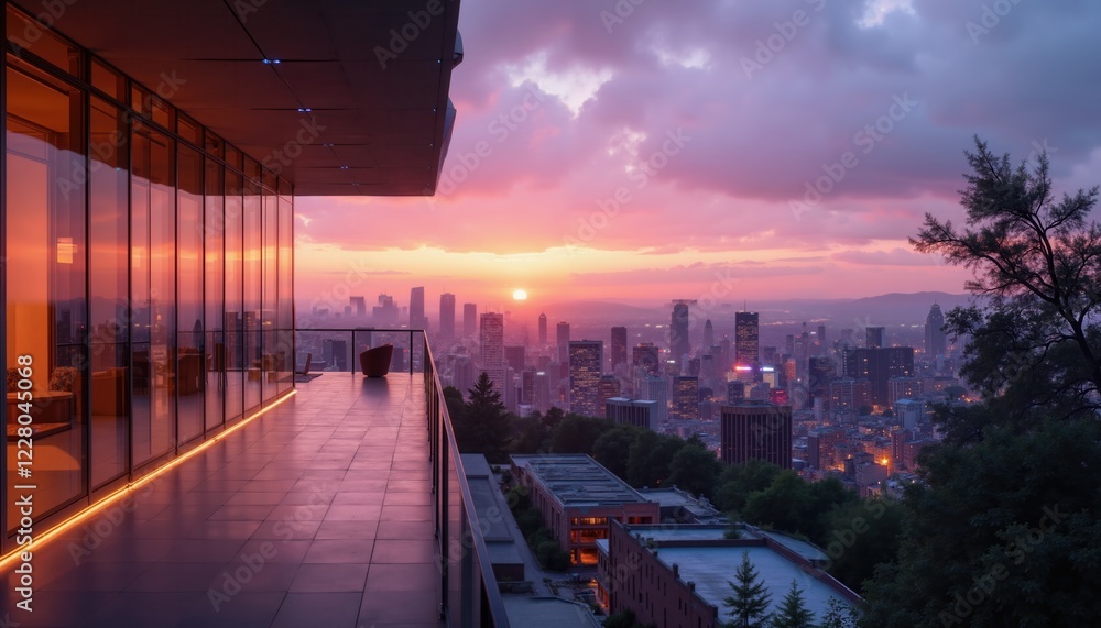Fototapeta premium an urban sunset scene from a high vantage point, likely a balcony of a modern building
