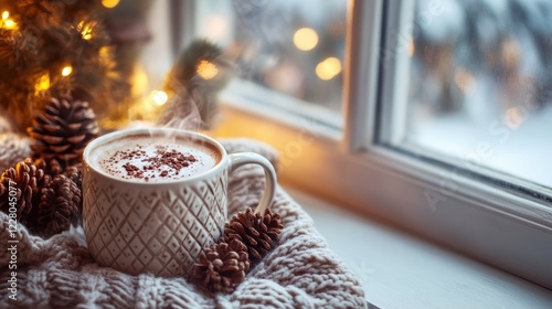 Wallpaper Mural A steaming cup of hot chocolate with cocoa powder and cinnamon sits on a cozy blanket, with a Christmas tree and twinkling lights in the background. Torontodigital.ca
