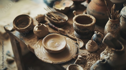 Scene of a pottery making setup. Featuring clay, tools, and a potter's wheel. Highlighting the craft of pottery. Ideal for DIY and craft blogs. photo