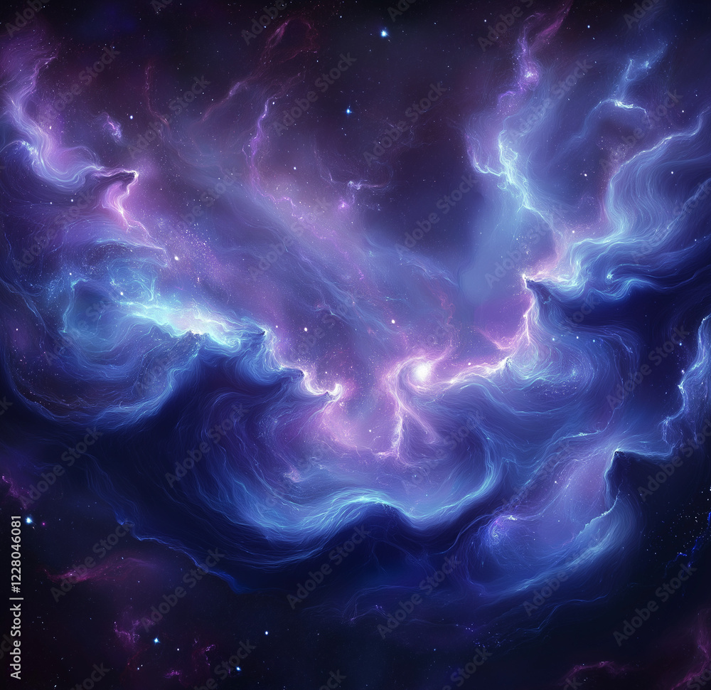 A nebula of purple and blue colors, glowing in the center with stars around it. A nebula of purple and blue colors, glowing in the center with stars around it.