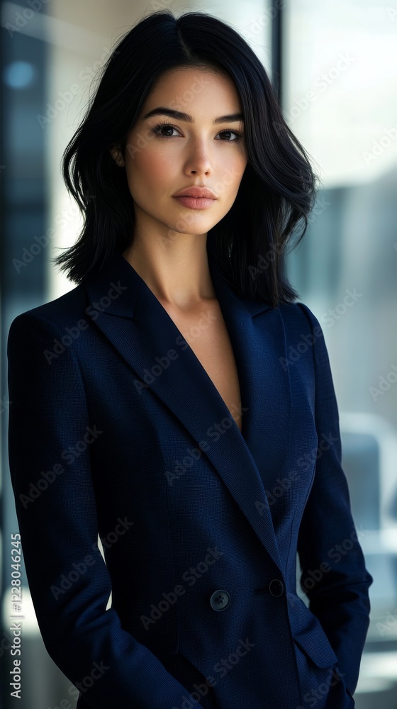 Fototapeta premium Professional businesswoman with sharp features, black hair, wearing a tailored navy suit, standing in a modern glass office, soft natural lighting