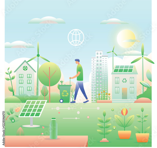 Green urban environment sustainable lifestyle campaign flat vector illustration