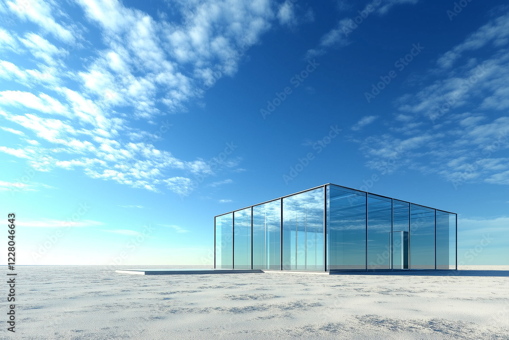 Contemporary Glass House in a Serene Desert Landscape Beneath a Clear Blue Sky Contemporary Glass House in a Serene Desert Landscape Beneath a Clear Blue Sky