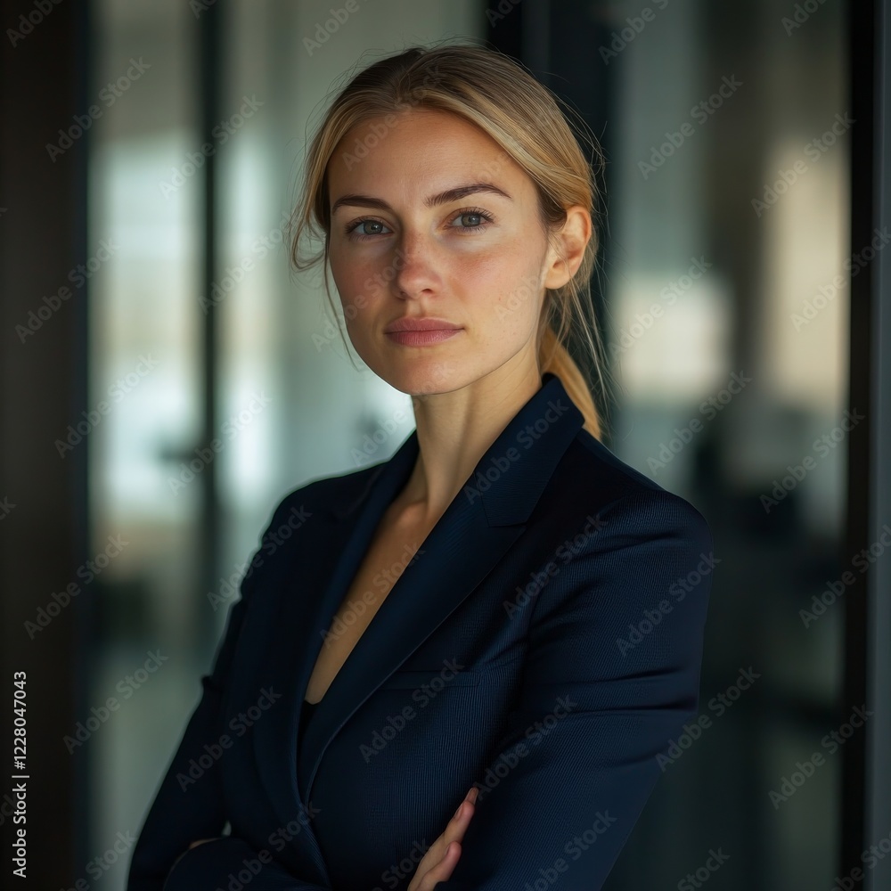 Professional businesswoman with sharp features, wearing a tailored navy suit, standing in a modern glass office, soft natural lighting, confident expression, cinematic depth of field Professional businesswoman with sharp features, wearing a tailored navy suit, standing in a modern glass office, soft natural lighting, confident expression, cinematic depth of field