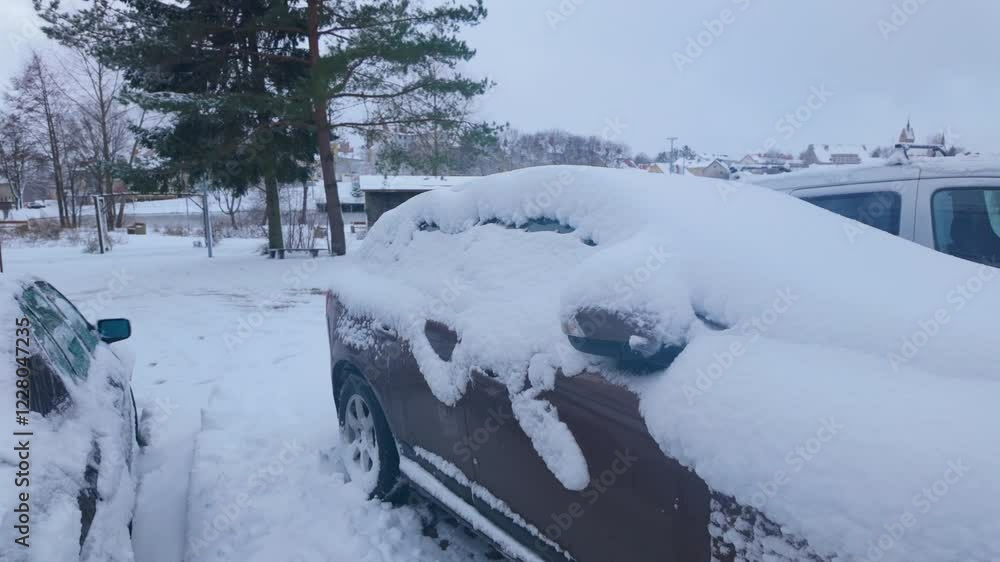 Snow-covered car in a winter setting with nearby trees and a parking lot visible. Snow-covered car in a winter setting with nearby trees and a parking lot visible.