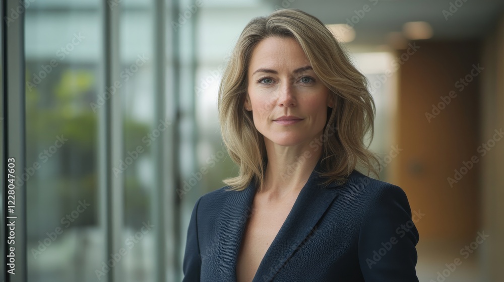 Professional businesswoman with sharp features, wearing a tailored navy suit, standing in a modern glass office, soft natural lighting, confident expression, cinematic depth of field Professional businesswoman with sharp features, wearing a tailored navy suit, standing in a modern glass office, soft natural lighting, confident expression, cinematic depth of field