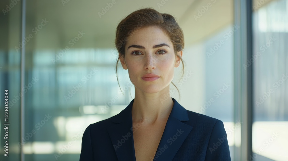 Professional businesswoman with sharp features, wearing a tailored navy suit, standing in a modern glass office, soft natural lighting, confident expression, cinematic depth of field Professional businesswoman with sharp features, wearing a tailored navy suit, standing in a modern glass office, soft natural lighting, confident expression, cinematic depth of field