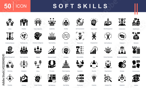 Icon set representing essential Soft Skills, including leadership, communication, teamwork, emotional intelligence, problem-solving, and adaptability. Ideal for business, education, and self-develop