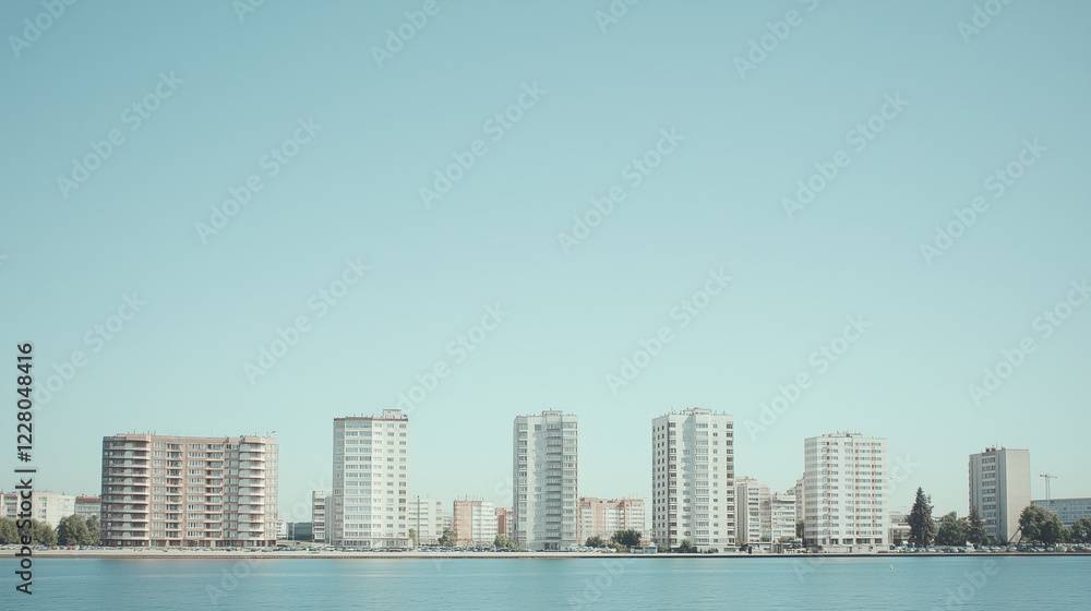 Obraz premium Coastal City Skyline: A serene cityscape unfolds along a tranquil waterfront, showcasing a row of modern residential buildings under a clear, pale blue sky.