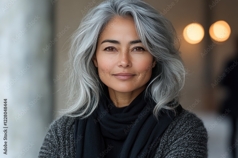 Fototapeta premium Confident Woman with Gray Hair in Cozy Attire Posing Indoors