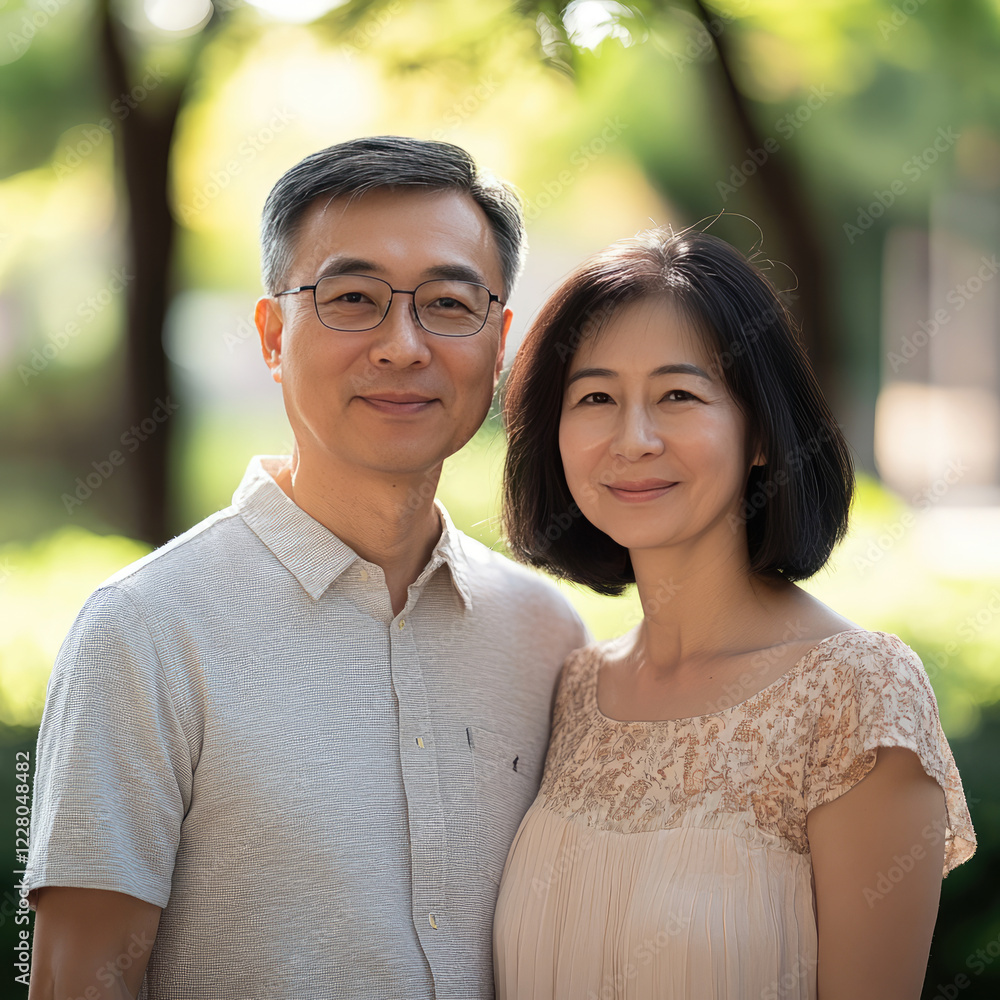 asian thai older middle age couple smiling together in sunny park, surrounded by greenery, showcasing love and warmth. Their casual attire complements serene atmosphere asian thai older middle age couple smiling together in sunny park, surrounded by greenery, showcasing love and warmth. Their casual attire complements serene atmosphere