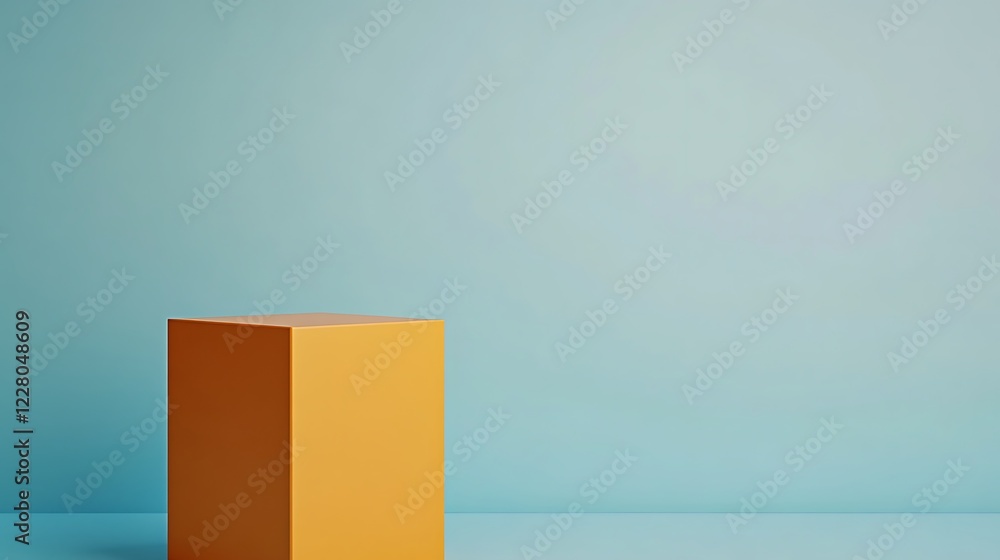Fototapeta premium Orange Cube on Light Blue Background Minimalist Scene
