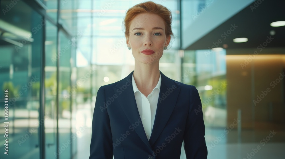 Professional businesswoman with sharp features, wearing a tailored navy suit, standing in a modern glass office, soft natural lighting, confident expression, cinematic depth of field Professional businesswoman with sharp features, wearing a tailored navy suit, standing in a modern glass office, soft natural lighting, confident expression, cinematic depth of field