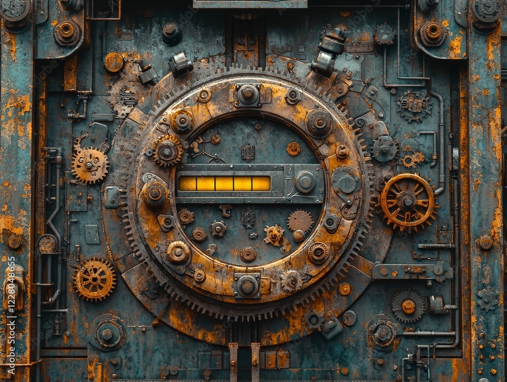 Fototapeta premium Mechanical Progress Bar with Turning Cogs and Wheels on Steampunk Backdrop