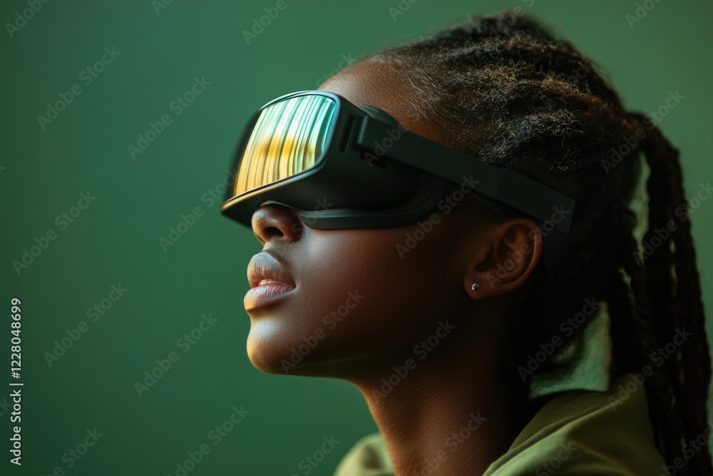 A young Black woman with braids experiences immersive virtual reality, gazing upwards in awe. A young Black woman with braids experiences immersive virtual reality, gazing upwards in awe.