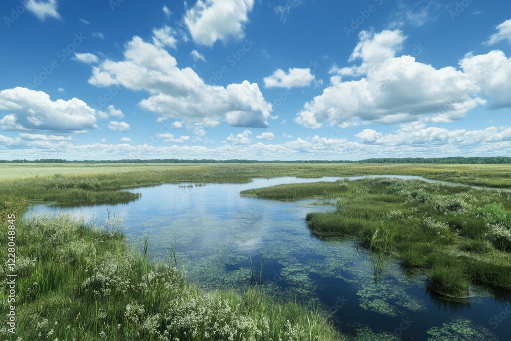 A serene natural landscape with a pond amidst marshland and grassy areas under a cloud-filled sky. A serene natural landscape with a pond amidst marshland and grassy areas under a cloud-filled sky.
