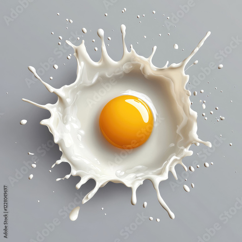 vibrant egg yolk surrounded by splash of milk creates dynamic visual. contrast between yellow yolk and white splash adds energetic feel to image