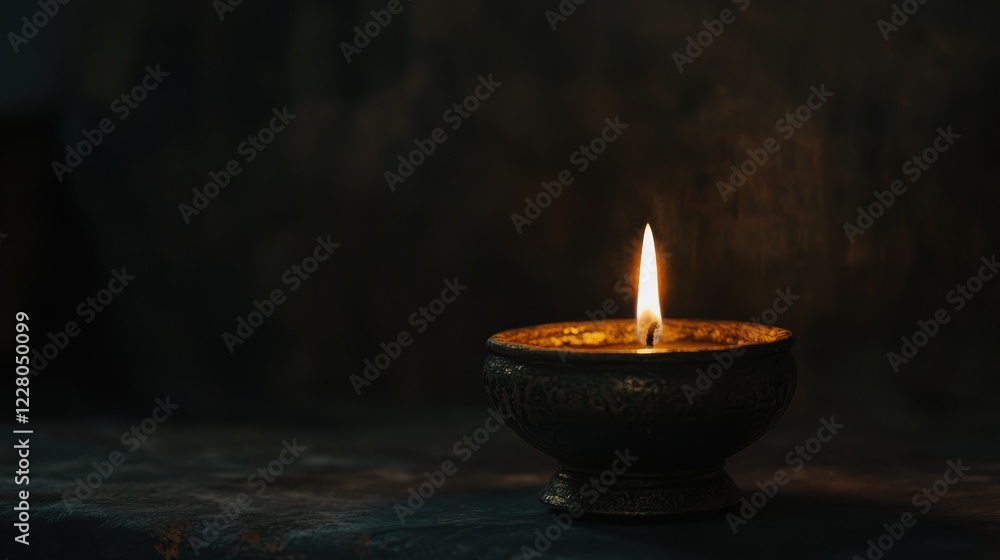A single candle in a dark bowl. A single candle in a dark bowl.