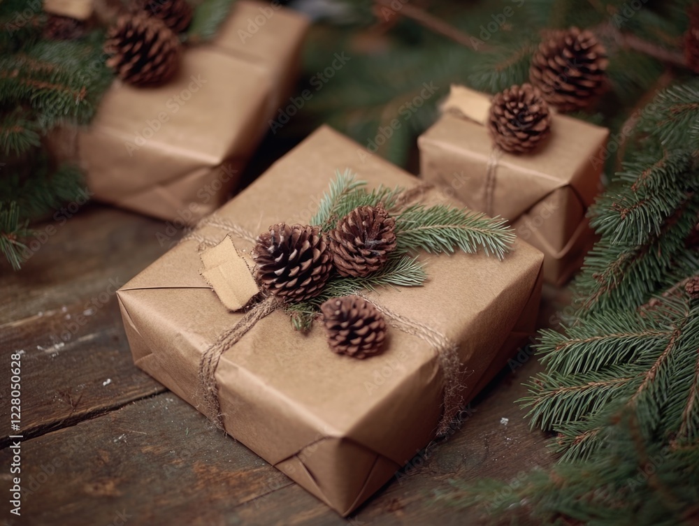 Three brown gift bags with pine cones on top, tied up with ribbons, arranged on a wooden surface decorated with evergreen branches. Three brown gift bags with pine cones on top, tied up with ribbons, arranged on a wooden surface decorated with evergreen branches.