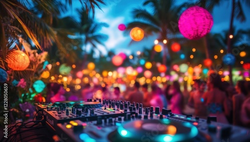 Tropical Night Party: DJ Console at Vibrant Outdoor Festival