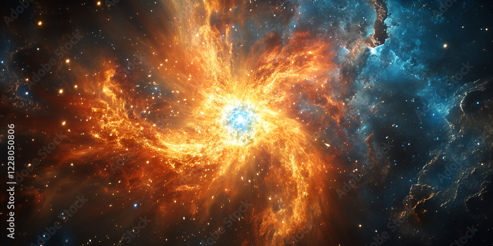 Fototapeta premium Fiery cosmic explosion with swirling nebula and glowing energy, Stunning deep space formation with bright celestial core