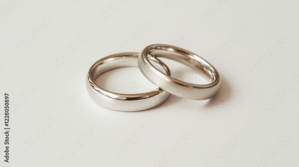 Two simple, elegant wedding bands lie on a white background. Two simple, elegant wedding bands lie on a white background.