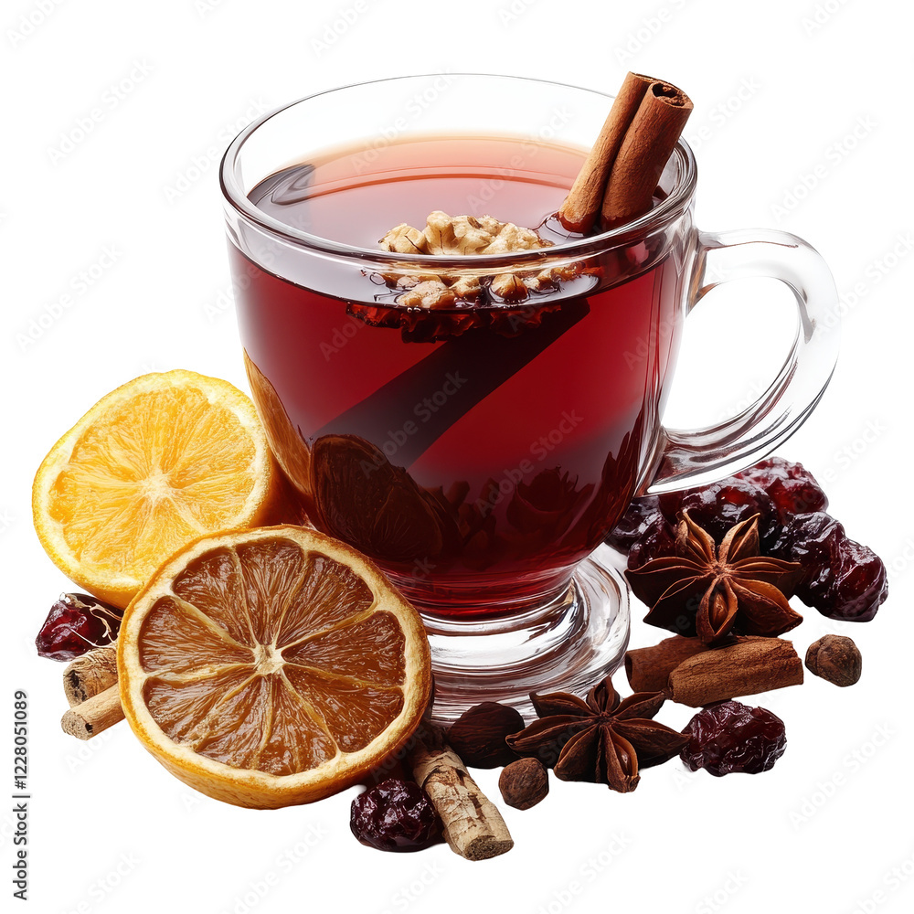 Warm spiced tea with citrus and spices served in a glass cup isolated on transparent background Warm spiced tea with citrus and spices served in a glass cup isolated on transparent background