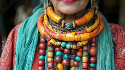 A woman showcases her vibrant traditional jewelry with unique designs in a lively cultural setting rich in music and tradition, likely at a community event