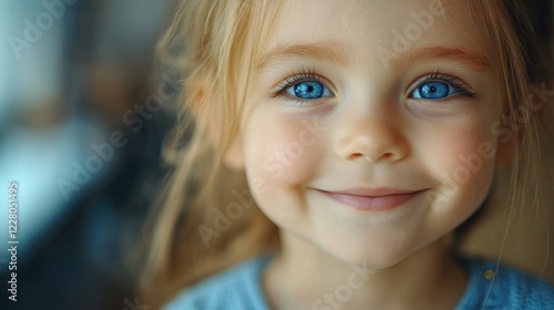A child with striking blue eyes and blonde hair smiles joyfully while sitting in a cozy indoor environment. Sunlight streams through the window, enhancing her cheerful expression