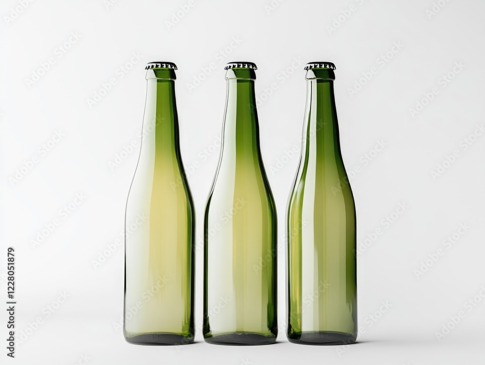 Three beer bottles lined up with green tint. Three beer bottles lined up with green tint.