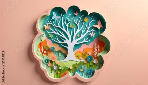 Pastel colored paper cut style card with spring forest, trees and butterflies