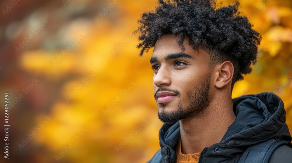 A young man stands in a bright setting filled with yellow and orange leaves, smiling while taking in the beauty of nature during a pleasant autumn day A young man stands in a bright setting filled with yellow and orange leaves, smiling while taking in the beauty of nature during a pleasant autumn day