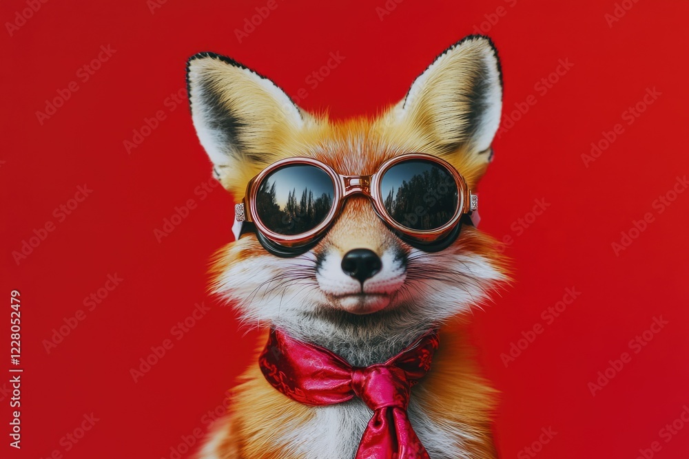 A fox wearing sunglasses and a red tie. The fox is smiling and looking at the camera. The image has a playful and lighthearted mood A fox wearing sunglasses and a red tie. The fox is smiling and looking at the camera. The image has a playful and lighthearted mood