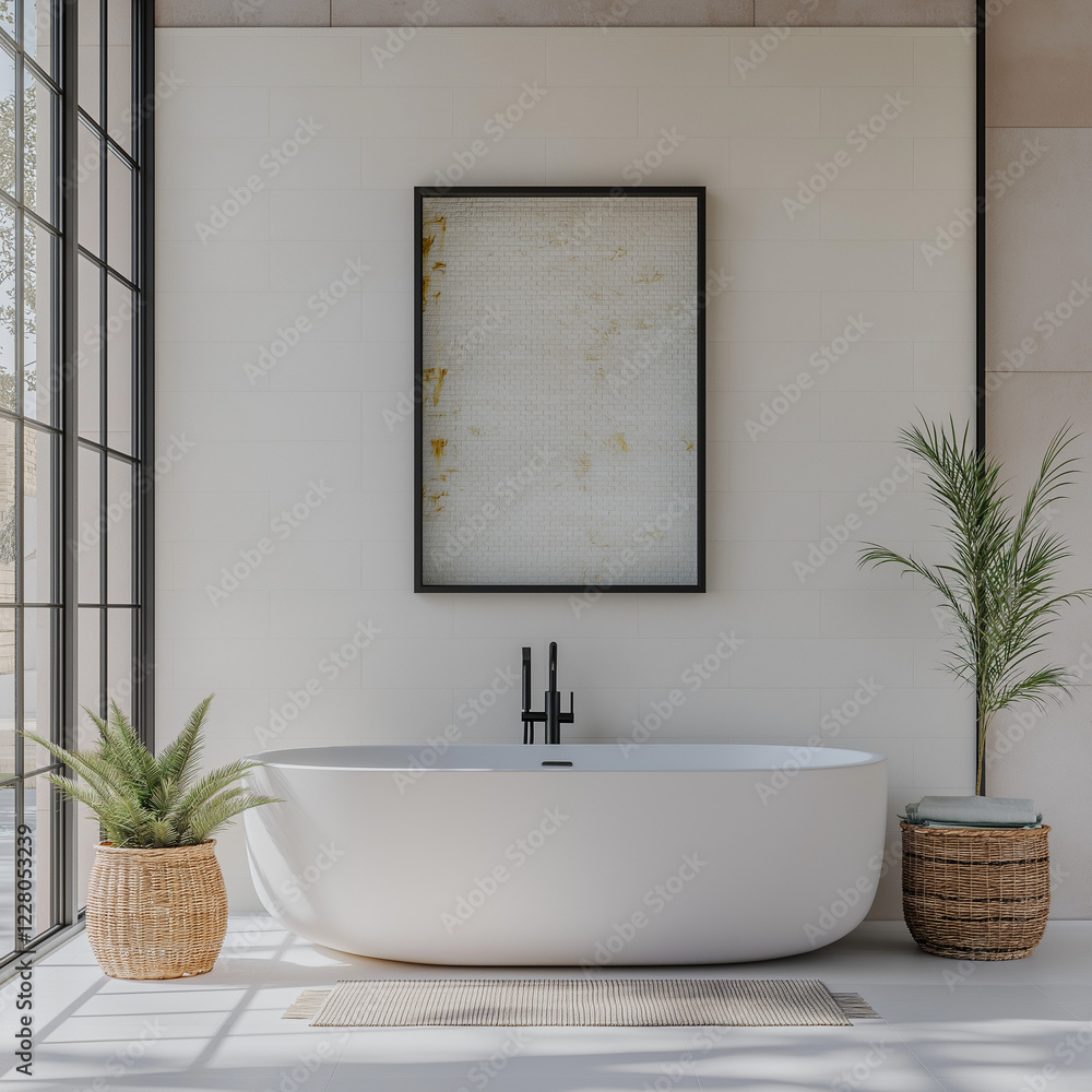 Fototapeta premium Frame Mockup Minimalist bathroom with freestanding tub | Bright white interior with black fixtures, framed wall art, potted plants, and woven baskets, modern spa-like space, home decor inspiration