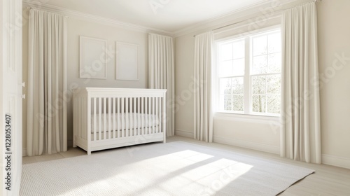 Bright nursery room with crib, rug, and curtains.