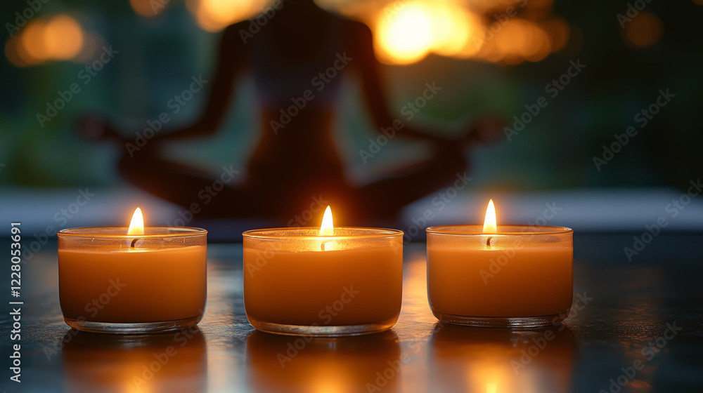 A shadowed silhouette in a lotus position meditates before candles, symbolizing the balance of mind and soul. The scene is filled with silence and deep self-immersion A shadowed silhouette in a lotus position meditates before candles, symbolizing the balance of mind and soul. The scene is filled with silence and deep self-immersion
